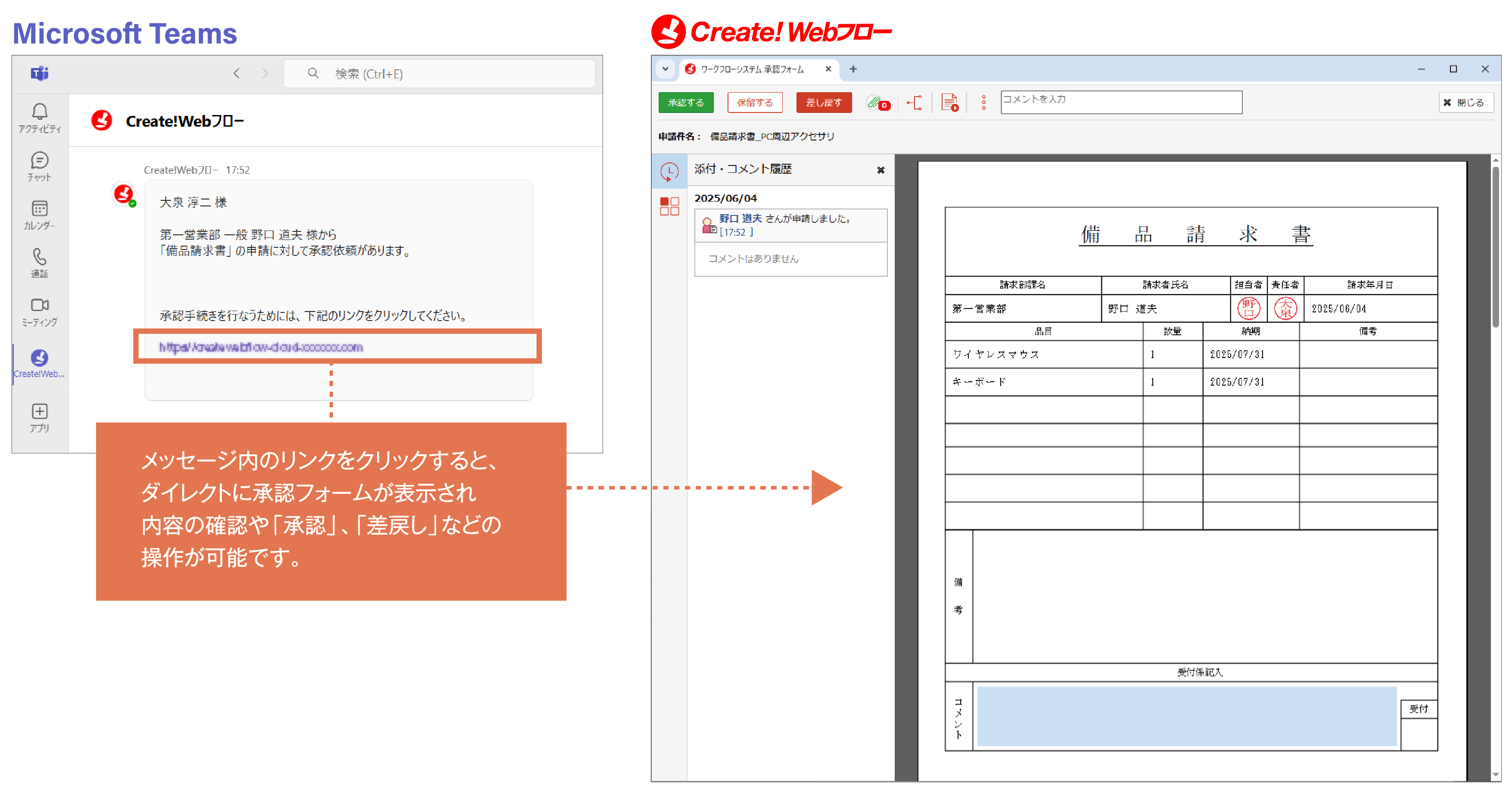 Teamsのメッセージ本文からワークフローシステム「Create!Webフロー」の承認フォームを直接開く 