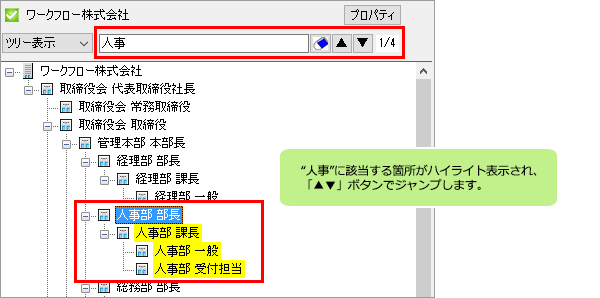 組織管理画面：ハイライト表示とジャンプ機能